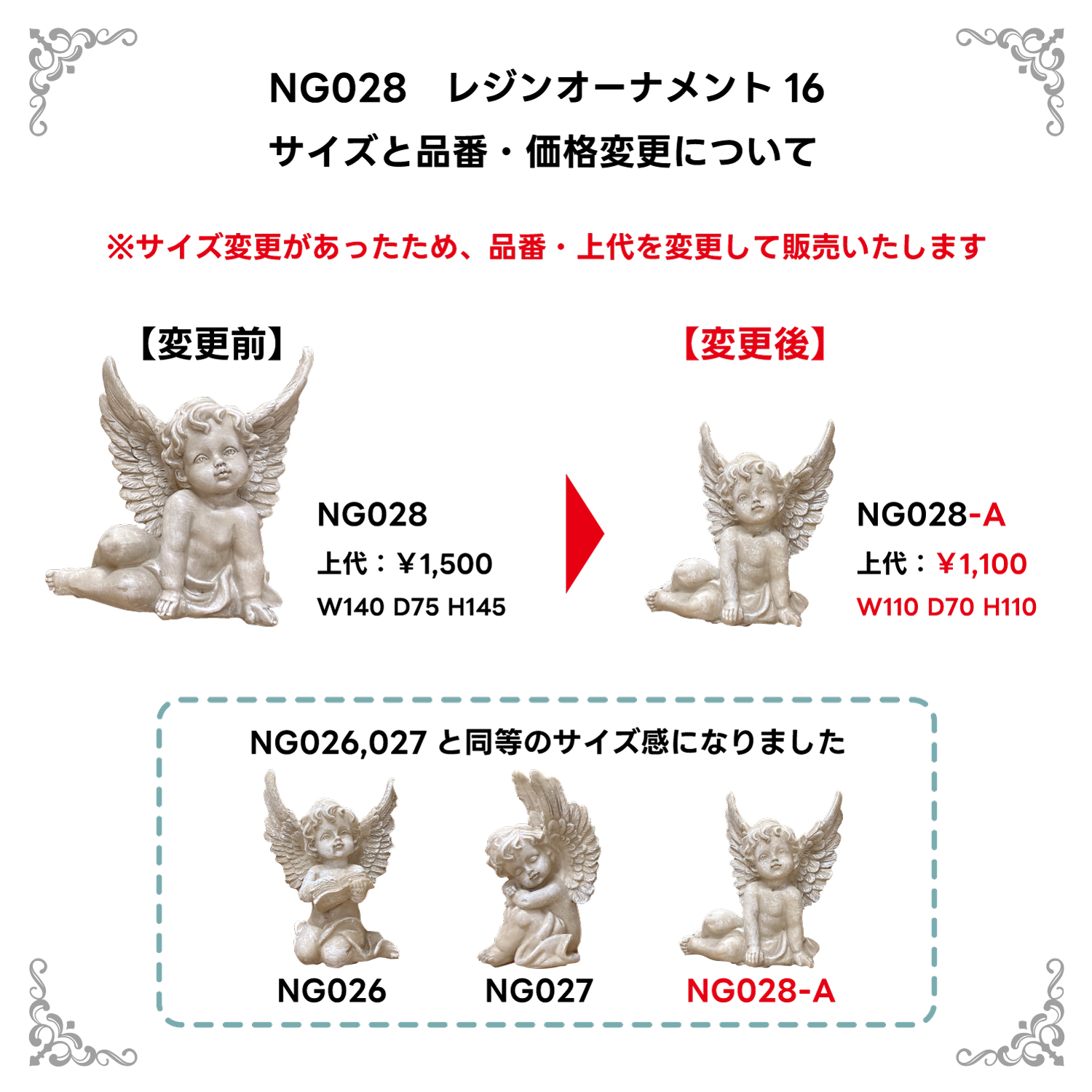 NG028 サイズと品番・価格変更について